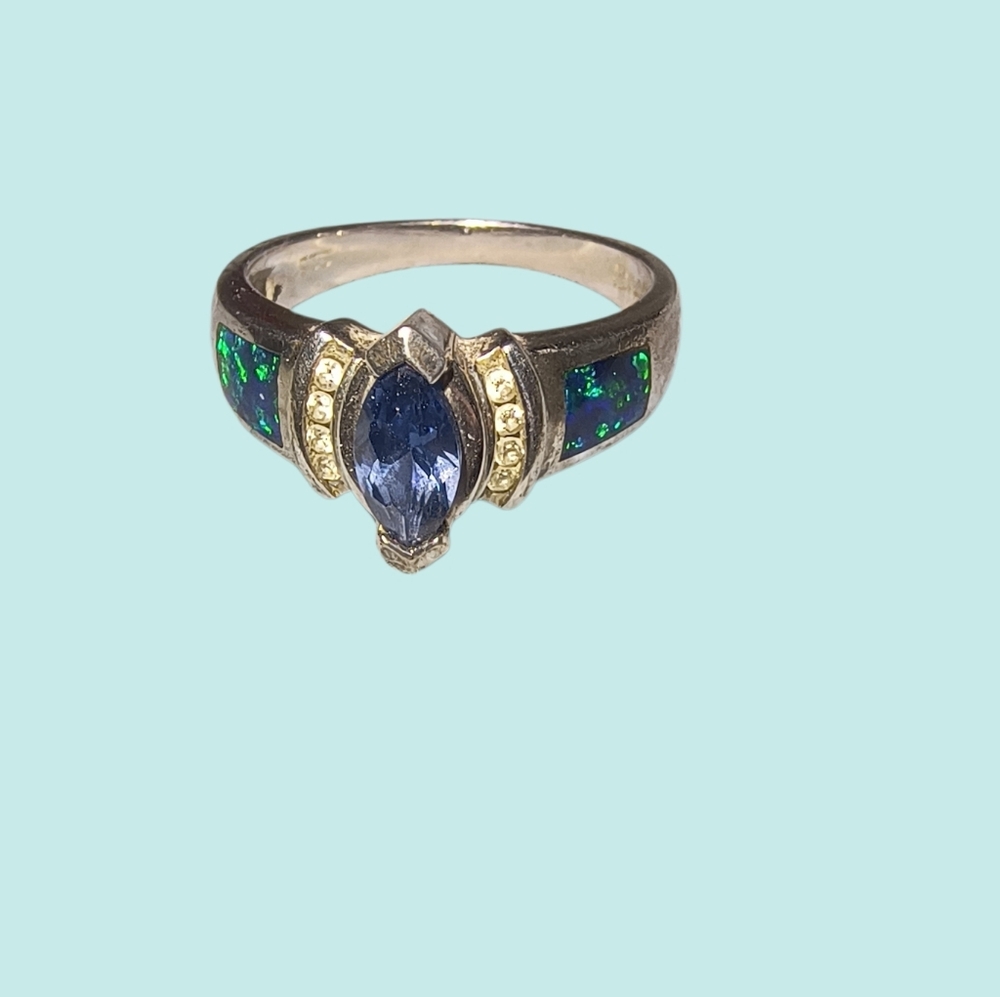 Iolite, Blue Lab Opal And Sterling Silver Marquis Ring